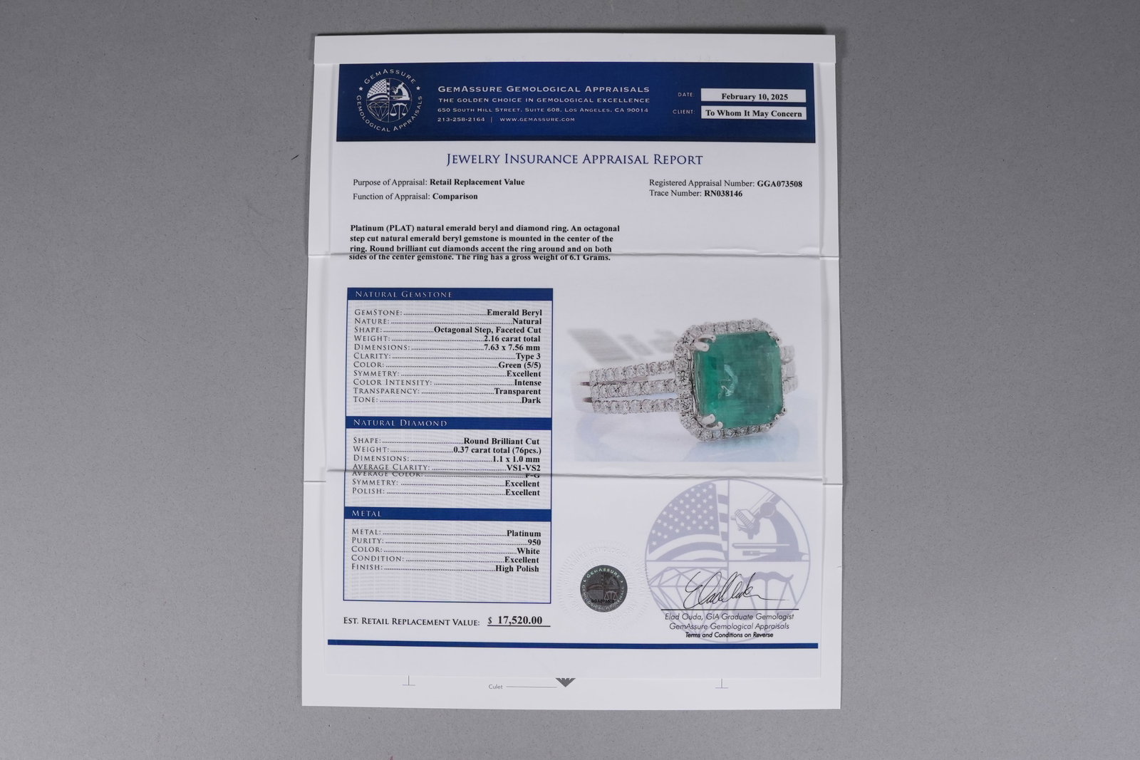 Platinum natural emerald diamond ring - 8
