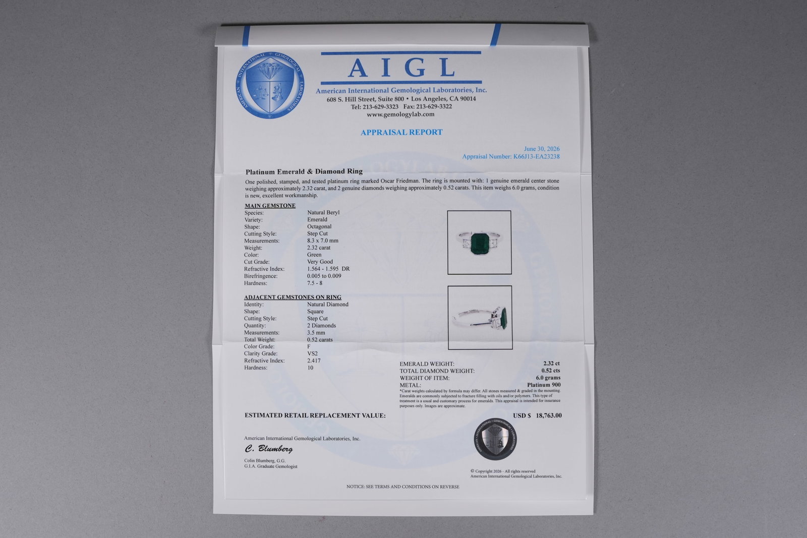 Platinum natural emerald diamond ring - 7