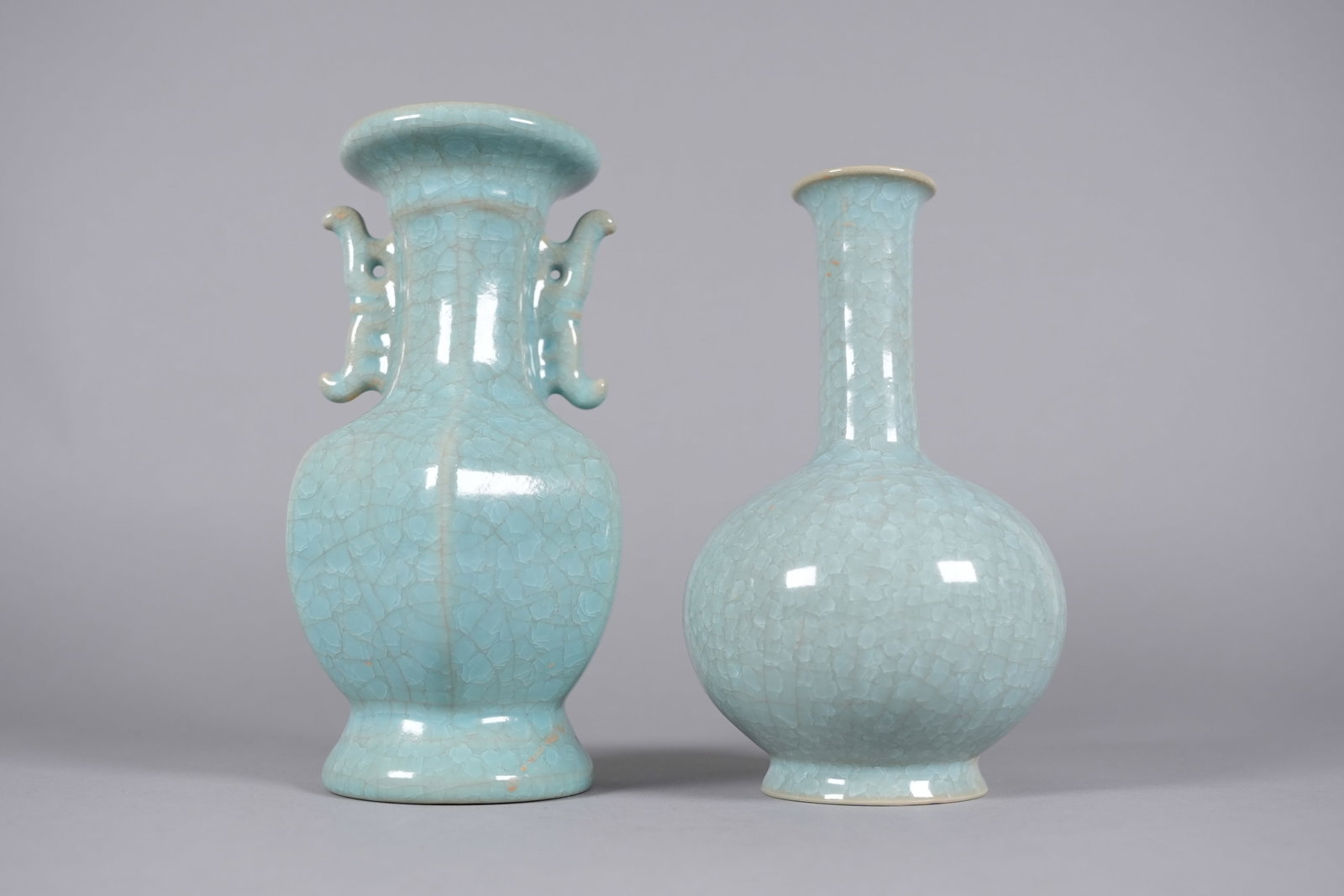 2 Chinese celadon vase: 2 Chinese fine celadon vase, largest H: 9" x W: 5."