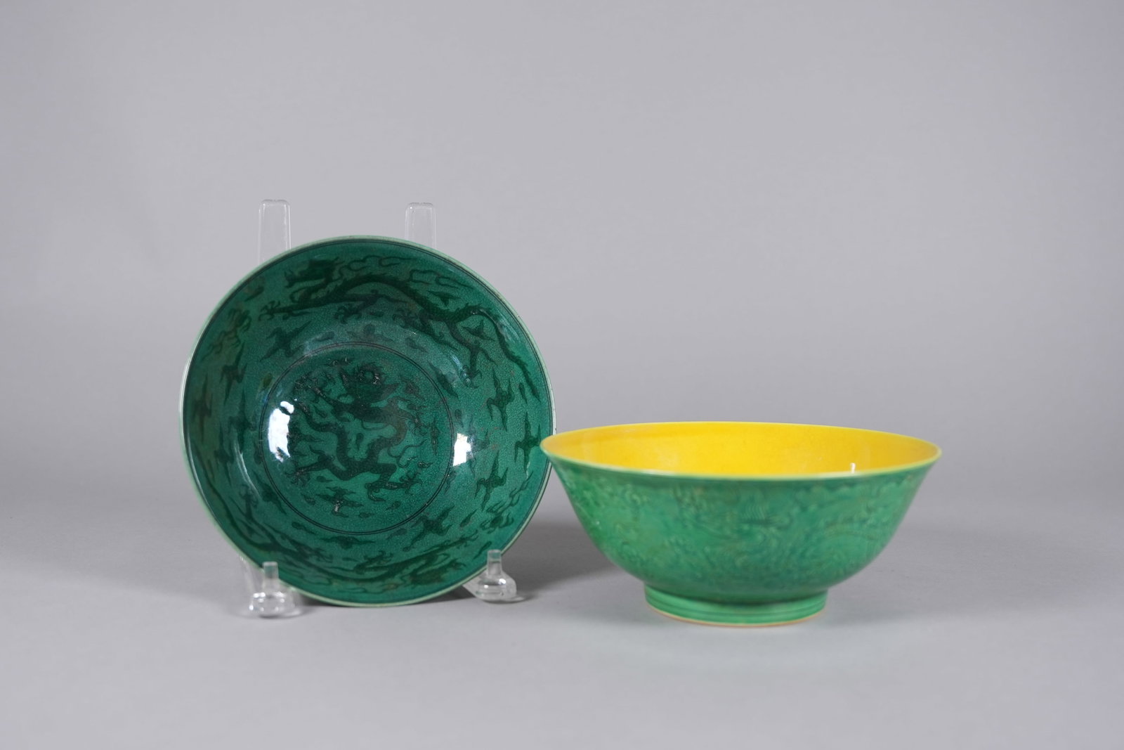 2 Chinese green bowls: 2 Chinese fine green bowls, largest H: 3" x W: 7.5."