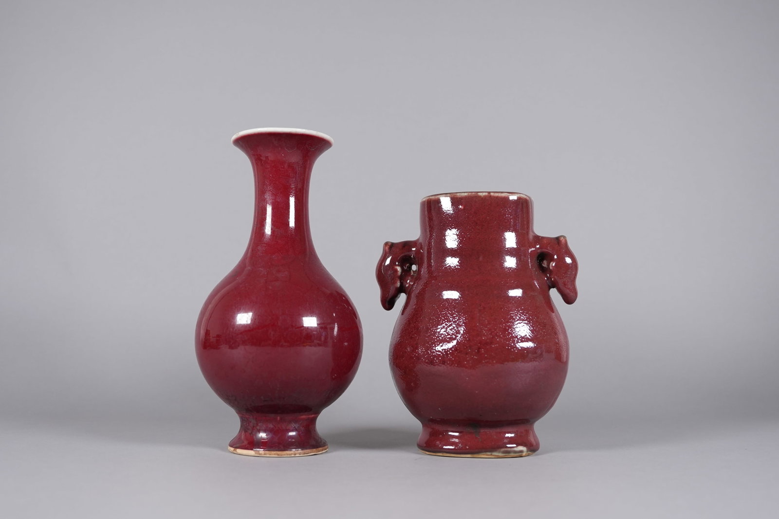 2 Chinese fine red porcelain vase: 2 Chinese fine red porcelain vase. Largest H: 10" x W: 5.5."