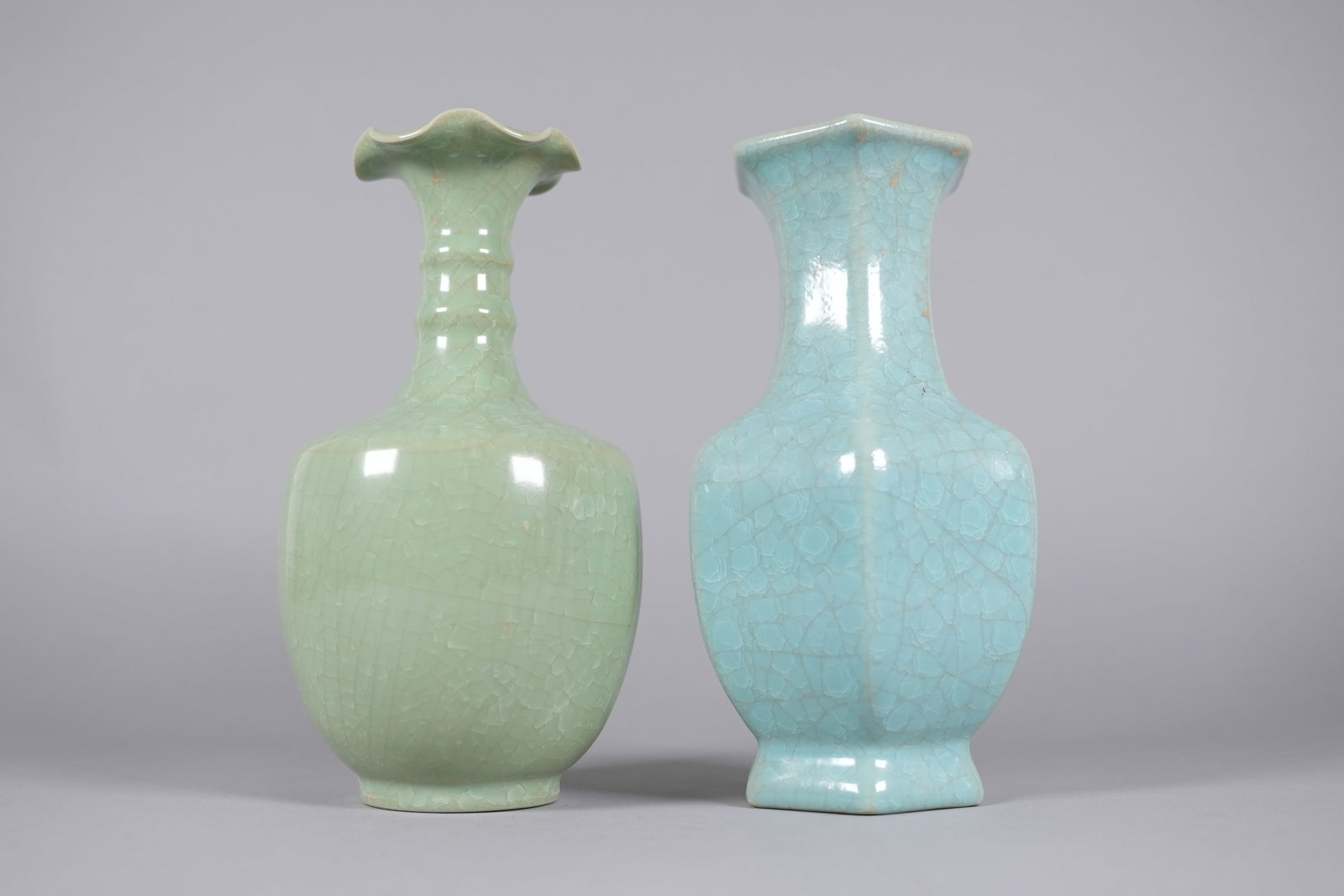 2 Chinese fine celadon vase: 2 Chinese fine celadon vase. Largest H: 9" x W: 5."