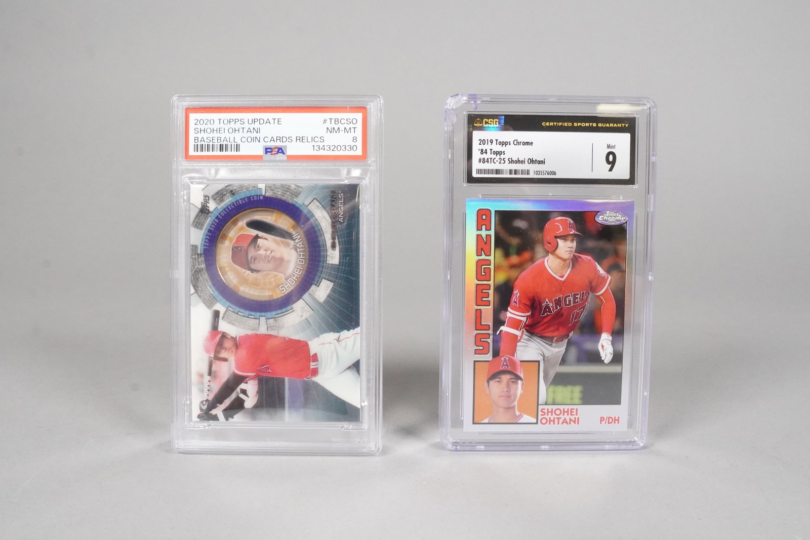 2 Shohei Ohtani baseball cards graded: 2 Shohei Ohtani baseball cards, graded.