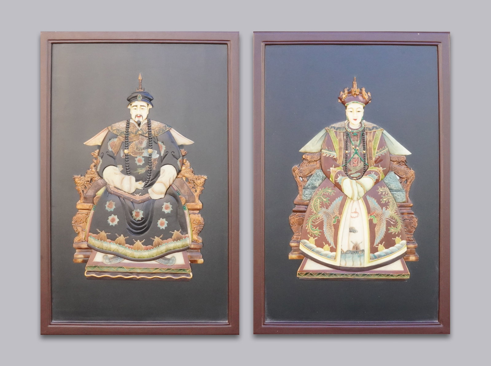2 large Chinese ancestor inlaid wooden plaques: 2 large Chinese ancestor wooden inlaid plaque. H: 36.5" x W: 23.75."