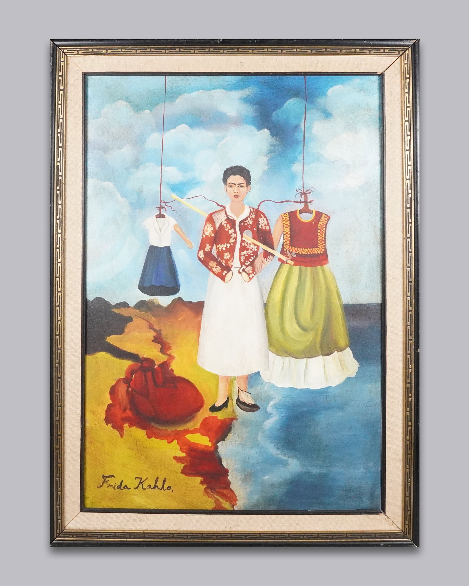 An estate fine painting in frame: An estate fine painting in frame. H: 27" x W: 18.5."