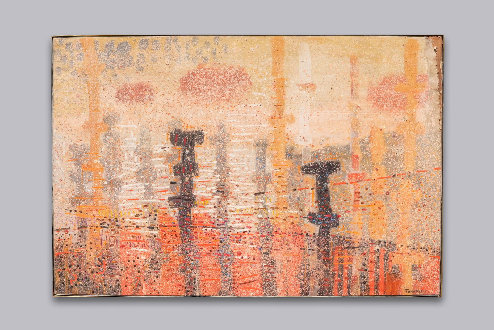 Rufino Tamayo oil on canvas Pointillist Totems: An important Rufino Tamay oil on canvas, titled Pointillist Totems. Comes with appraisal report and authentication certificate. From a major estate. Top right corner has some natural wear, please