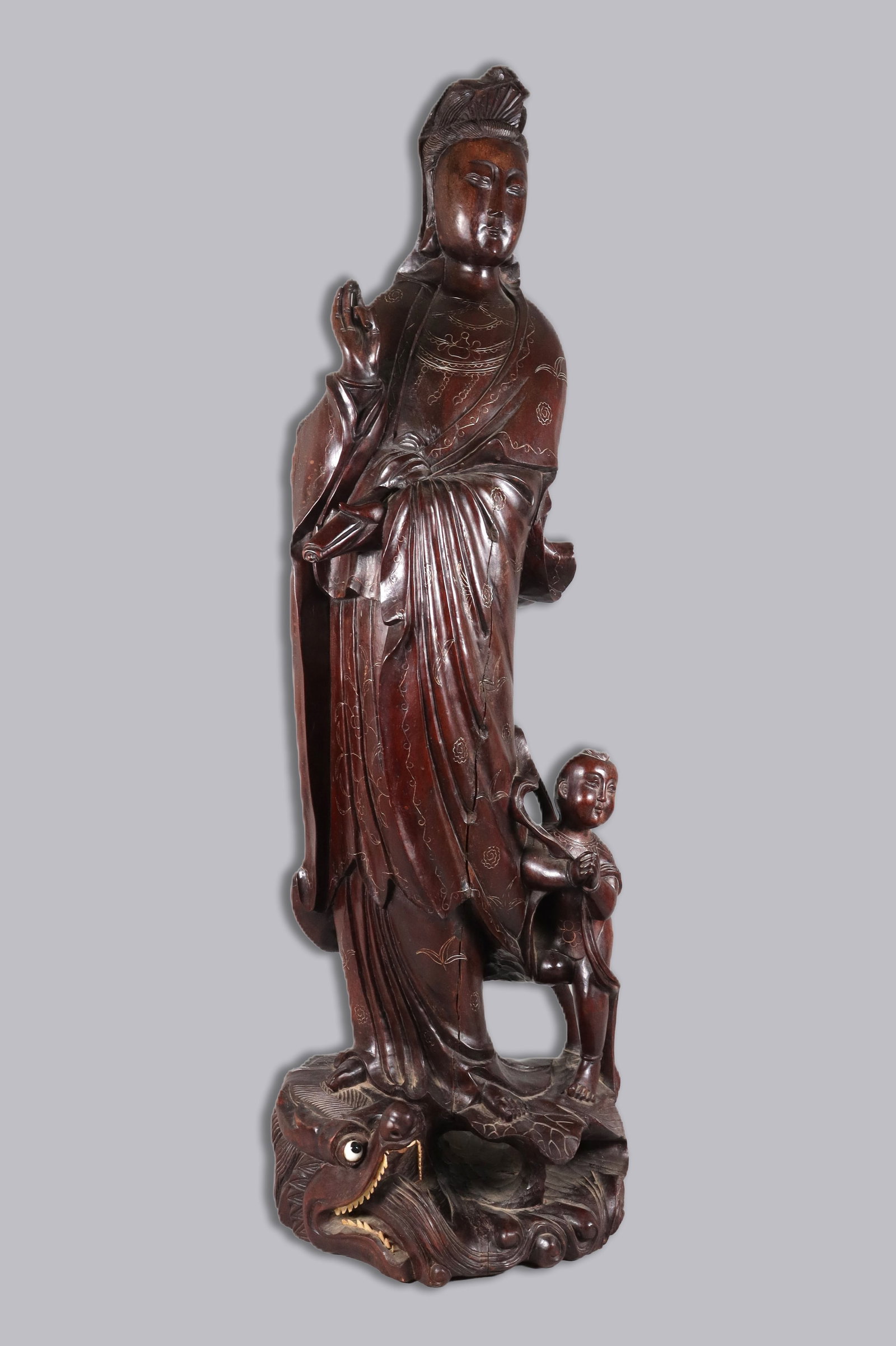 Chinese tall antqiue wooden buddha statue: Chinese tall antique wooden buddha statue. Condition selling it as is, please refer to detail photos. No return or exchange, and all sales are final. H: 39" x W: 13."