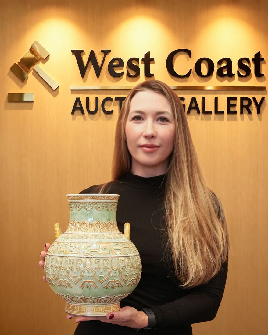 Chinese fine carved handled vase: Chinese fine carved handled vase. H: 10.7" x W: 8.5."