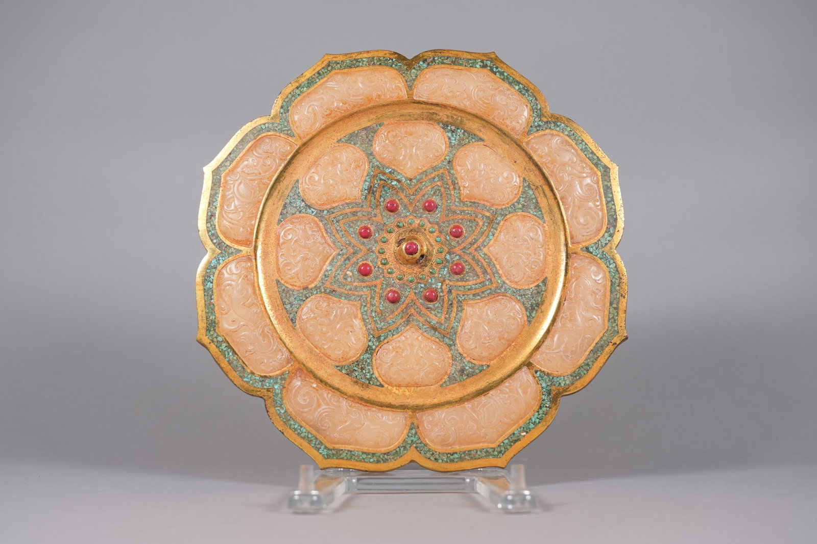 Chinese fine heavy bronze mirror with jade: Chinese fine heavy bronze mirrow with jade inlaid. Heavy in weight. H: 0.4" x W: 11.6."