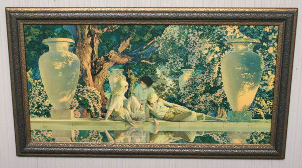 Maxfield Parrish Garden of Allah: "Garden of Allah", color print, signed in the plate "MP" with mirrored monogram, framed. 18 1/2" x 33 1/2" (framed). Condition: good, not examined out of frame.
