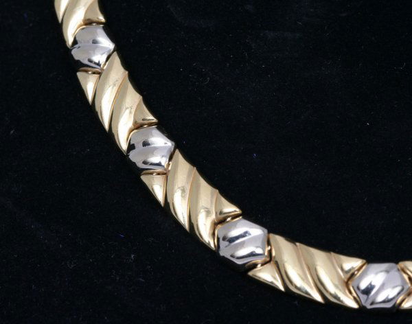 Gold Hollow Link Choker Necklace: Cast in karat yellow and white gold with hollow links, hallmarked "Chimento", 750. 14"L. Condition: excellent, no damage or repair.