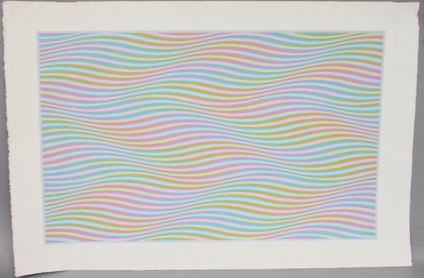 Bridget Riley Elapse Print Club Print: Bridget Riley (British, b.1931), "Elapse", 1982, color silk-screened. 260, published by the Print Club of Cleveland, signed, inscribed. 40" x 25". Condition: two ripples toward top of silkscreen, othe