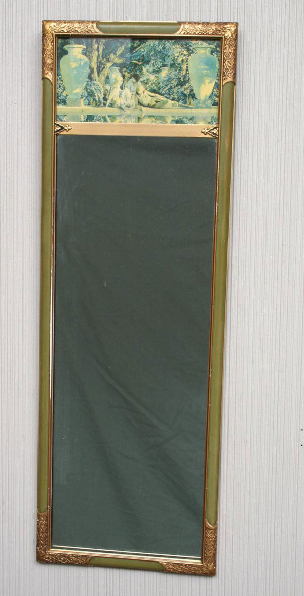 Maxfield Parrish Garden of Allah Mirror: The small rectangular mirror fitted with a Maxfield Parrish print depicting three classical maidens at a reflection pool. 28" x 9 1/2". Condition: very good, no damage or repair.