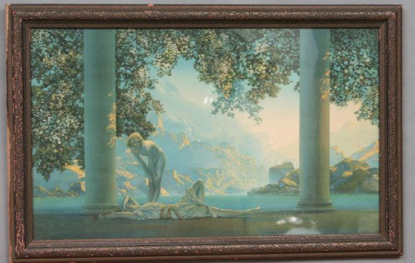 Maxfield Parrish Daybreak: Published by the House of Art, New York, depicting a sleeping maiden in a classical portico, framed. 21 1/2" x 33 1/2" (framed). Condition: very good, not examined out of frame.