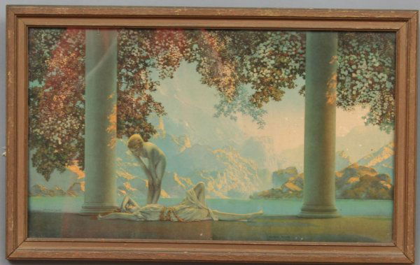Maxfield Parrish Daybreak Print: Published by the House of Art, New York, framed. Condition: some light imperfections including light loss of pigment in some areas.