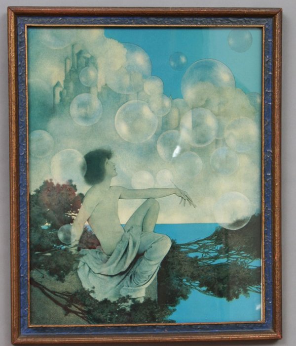 Maxfield Parrish Air Castles Print: Depicting a classical youth sitting on a pine bough blowing bubbles, framed. 16 1/2" x 13 1/2" (framed). Condition: good, not examined out of frame.