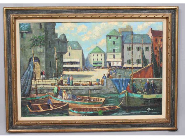 20th Century School Harbor Scene Oil Painting