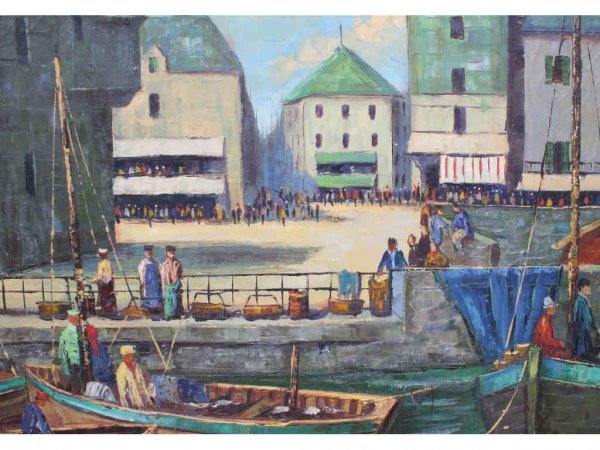 20th Century School Harbor Scene Oil Painting - 4