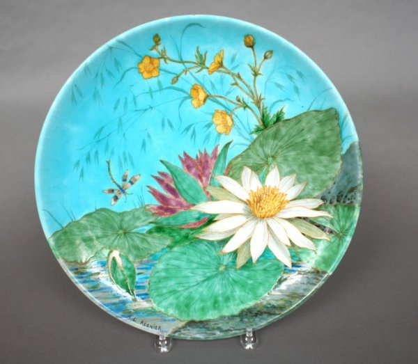 Theodore Deck Pottery Charger of Lotus by Regnier: Theodore Deck (French, 1823-1891) pottery charger, finely decorated with "Nymphaea" or lotus, lily pads, and insects on a brilliant turquoise ground, signed lower left "A.L. Regnier", the verso impres