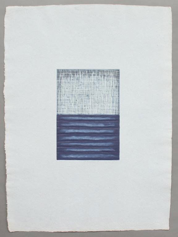 Print Club of Cleveland David Shapiro Print: Produced for the Print Club of Cleveland, "Kala 7", etching in blue and white on handmade paper, Print Club of Cleveland mark lower right. 31 3/4" x 23". Condition: excellent, no damage or repair.