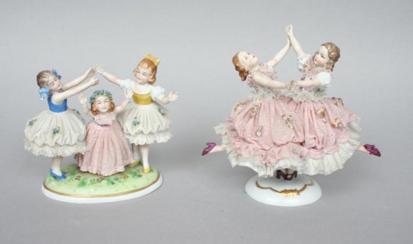 Two German Porcelain Figural Lace Groups of Girls