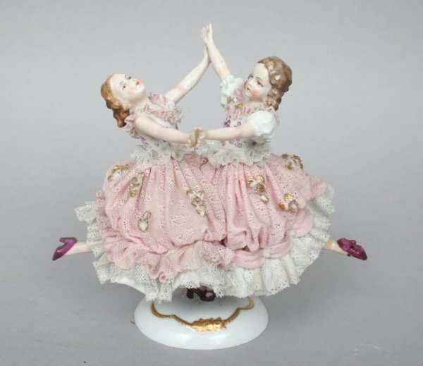 Two German Porcelain Figural Lace Groups of Girls - 2