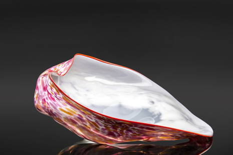 Dale Chihuly, Original 1986 Large Cerise Pink and Orange Macchia with Indian Red Lip Wrap Handblown: Artist: Dale Chihuly Title: Cerise Pink and Orange Macchia with Indian Red Lip Wrap Medium: Handblown glass Size: 7 1/4" x 24" x 22 1/2" Year: 1986 Inscription: Signed and dated "Chihuly 1986" on bott