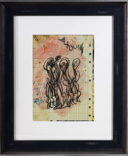 Purvis Young, Signed Original Figurative Crayon Drawing: Artist: Purvis Young Title: Untitled (Figurative) Medium: Crayon on found scrap paper Image Size: 10 1/2" x 7 1/2" Frame Size: 18 1/2" x 15 1/2" Edition: Original Inscription: Signed "Young" on upper