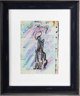 Purvis Young, Signed Original Figurative Crayon Drawing Untitled 4: Artist: Purvis Young Title: Untitled (Figurative) Medium: Crayon on found scrap paper Image Size: 10 1/2" x 7 1/2" Frame Size: 18 1/2" x 15 1/2" Edition: Original Inscription: Signed "Young" on upper