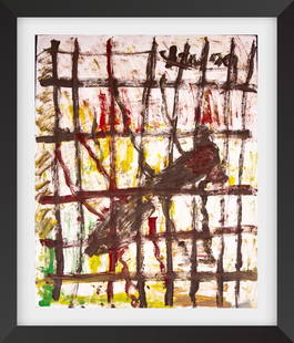 Purvis Young Original Untitled Insect Prison Painting with Foundation COA: Artist: Purvis Young Title: Untitled (Insect Prison) Medium: Oil painting on paper Size: 22" x 29" Edition: Original Year: 1998 Condition: In the style of found art with an intentionally weathered app