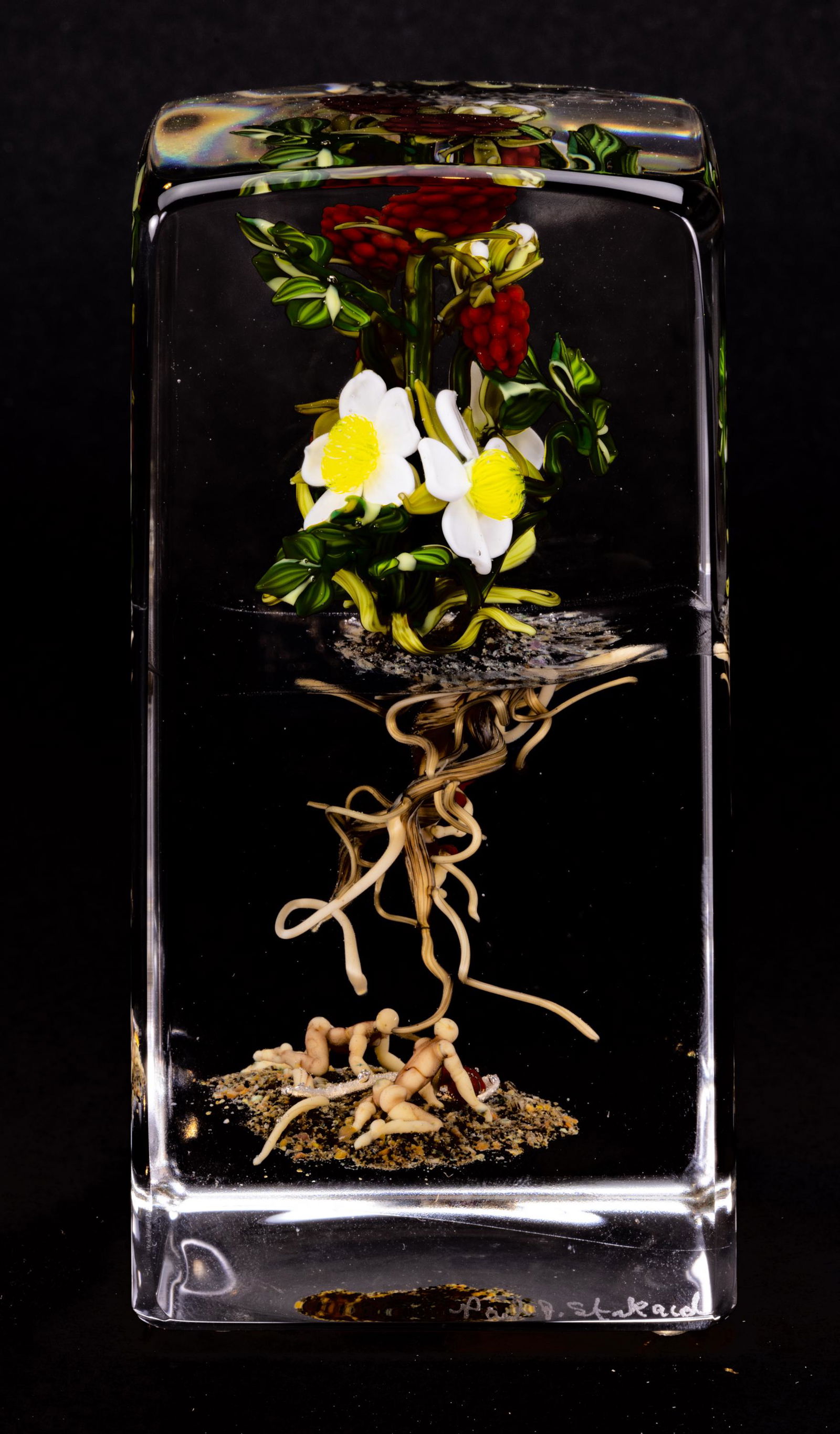 Paul Stankard Signed Hand Blown Glass Paperweight Sculpture Root People with White Flowers and Red (1 of 10)