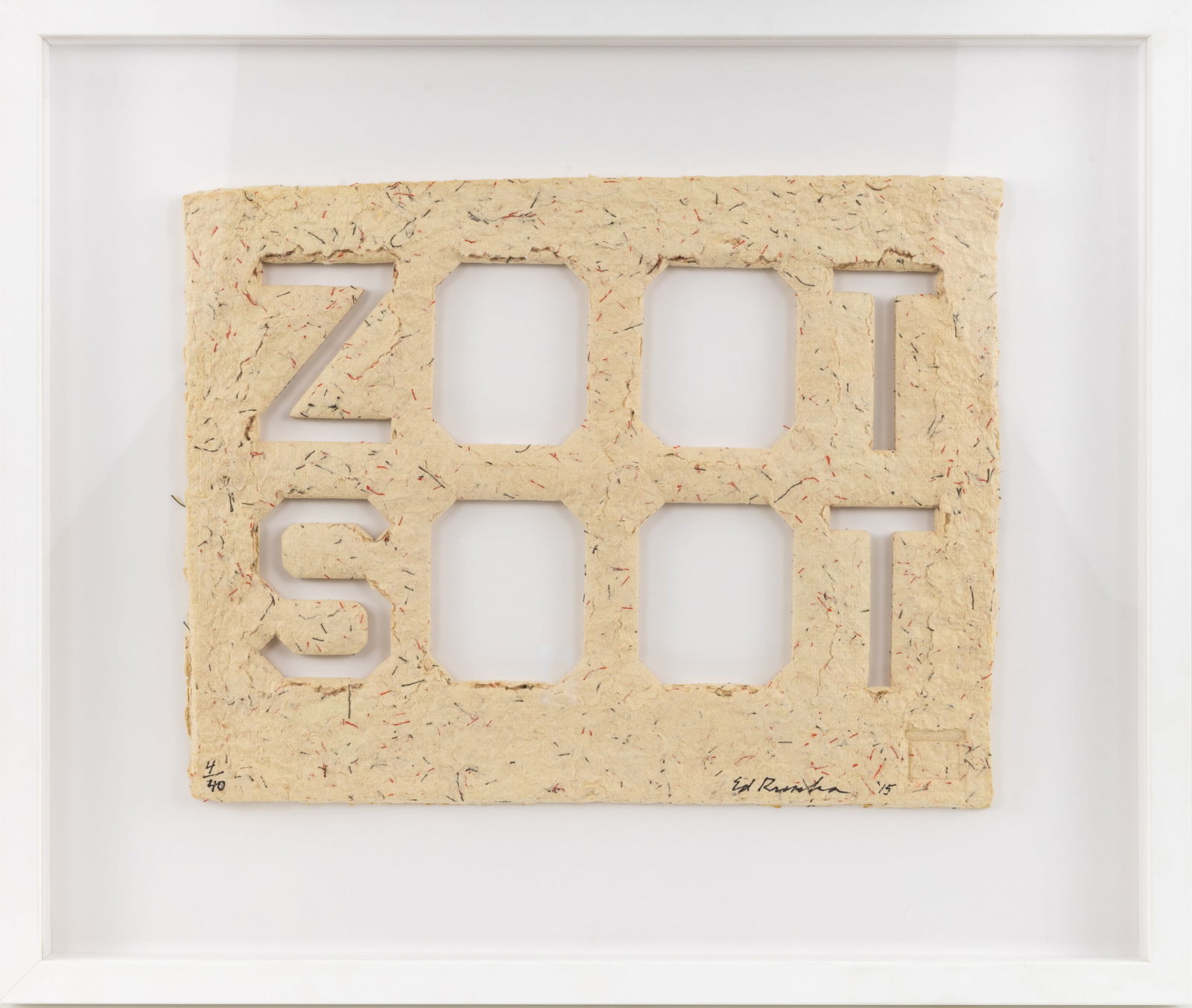 Ed Ruscha Zoot Soot 2015 Die-Cut Letterpress on Handmade Paper Signed Edition: Artist: Ed Ruscha Title: Zoot Soot Medium: Die-Cut letterpress on handmade paper with colored threads Year: 2015 Paper Size: 10-3/4" x 13-3/4" Frame Size: 16-1/2" x 19-1/2" Edition: 4/40 + 8 AP, Publi