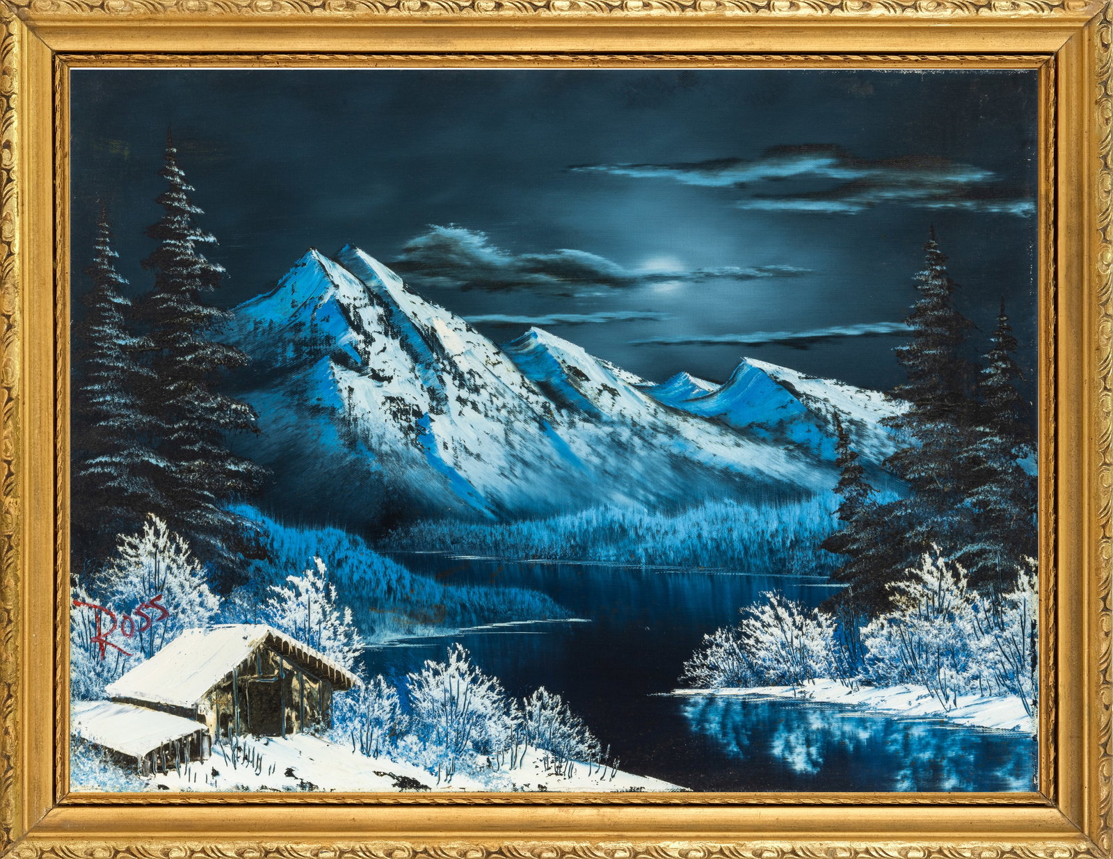 Bob Ross Signed Original Painting Nighttime Winter Mountain Scene: Artist: Bob Ross Title: Untitled, Similar to "Northern Lights" Medium: Original Oil on Canvas Painting Size: 18"x 24" Year: C. 1986 Inscription: Signed "Ross" in black lower left front Documentation: