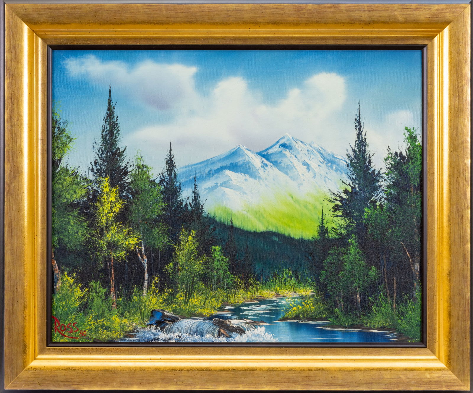 Bob Ross Original Painting Signed Authentic Mountain Retreat on Canvas: Artist: Bob Ross Title: Untitled, Similar to "Mountain Retreat" Medium: Original Oil on Canvas Painting Year: 1980 Inscription: Signed and dated "Ross 80" in red, lower left front Documentation: Inclu