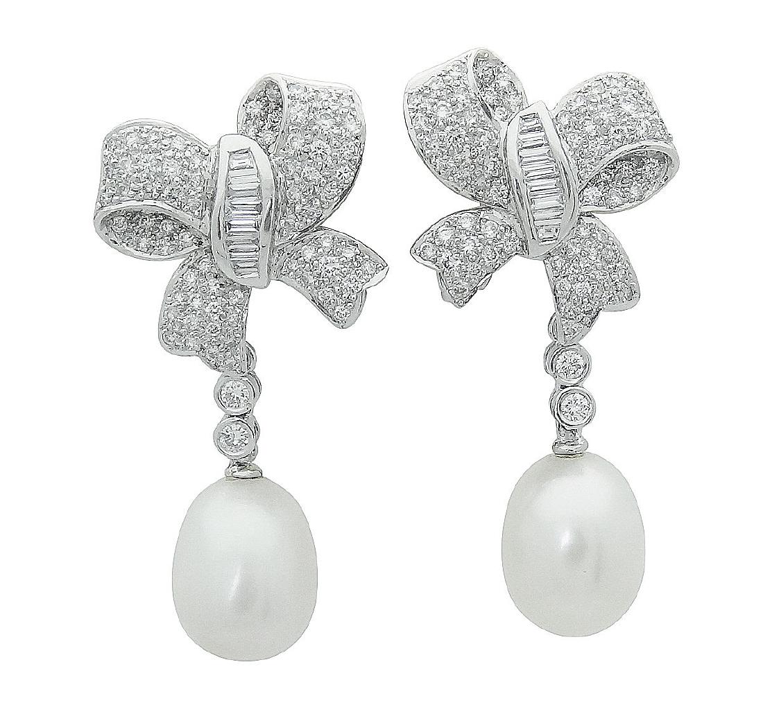 Plat & 18K Gold Diamond Pearl Bow Drop Dangle Earrings (1 of 8)