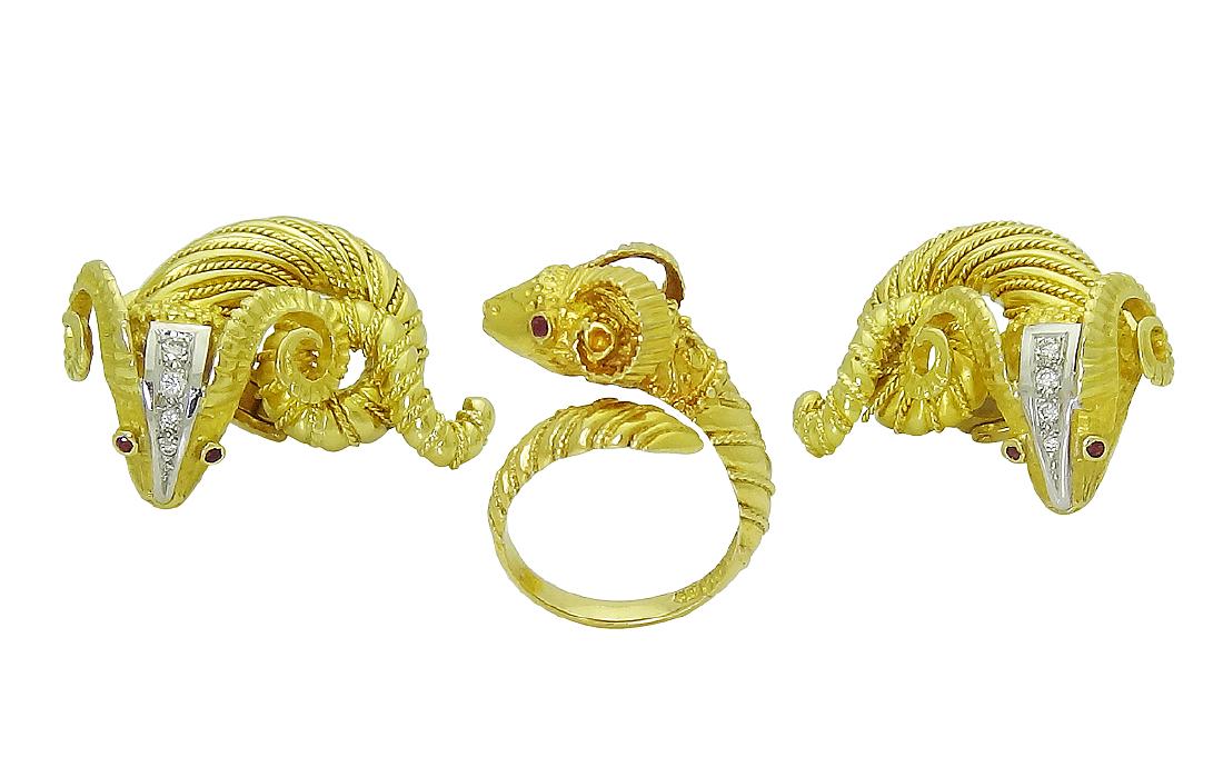Estate Lalaounis 18k Ram Head Diamond Earrings Ring Set (1 of 5)