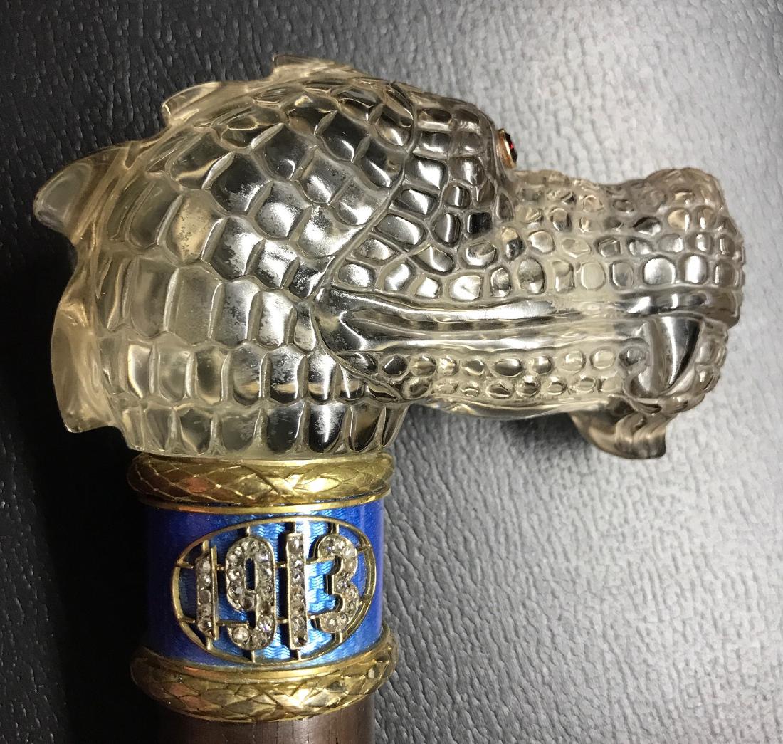 RUSSIAN ANTIQUE SILVER ENAMEL CANE DRAGON CRYSTAL HEAD: Russian Antique Silver Enamel Cane with Dragon Crystal head Blue Enamel with Crystal Dragon Head Ruby Eyes Stamped 84 Silver Purity Mark, and Maker's Mark. Size; 34" L size of figure 2" x 4"