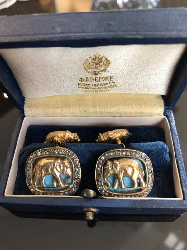 Russian Gold Blue  Enamel Diamond Elephant Cufflinks (1 of 5)
