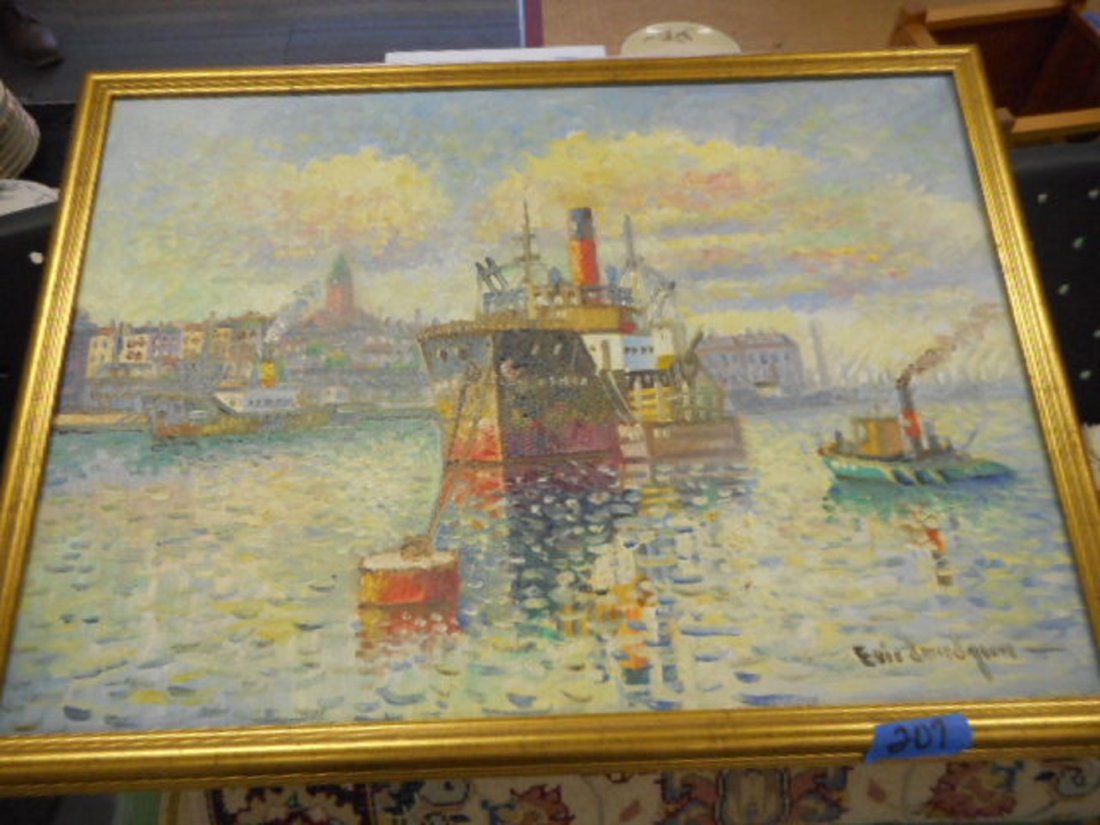 Original Painting by Eric Lundgren " Gothenburg port": Original Painting by Eric Lundgren " Gothenburg port" in very good condition 27 1/2" x 20 1/4" framed from deceased estate