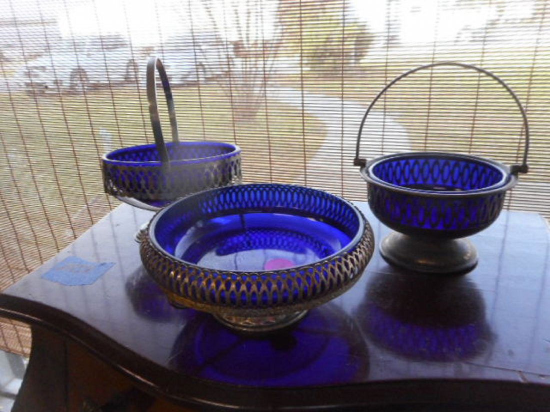 lot of 3 Silverplate Baskets w/ Cobalt Blue Glass Liner (1 of 7)