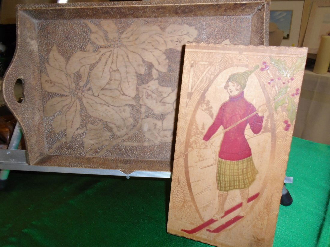 lot of 2 ANTIQUE Flemish Pyrography FOLK ART BOX/tray (1 of 6)