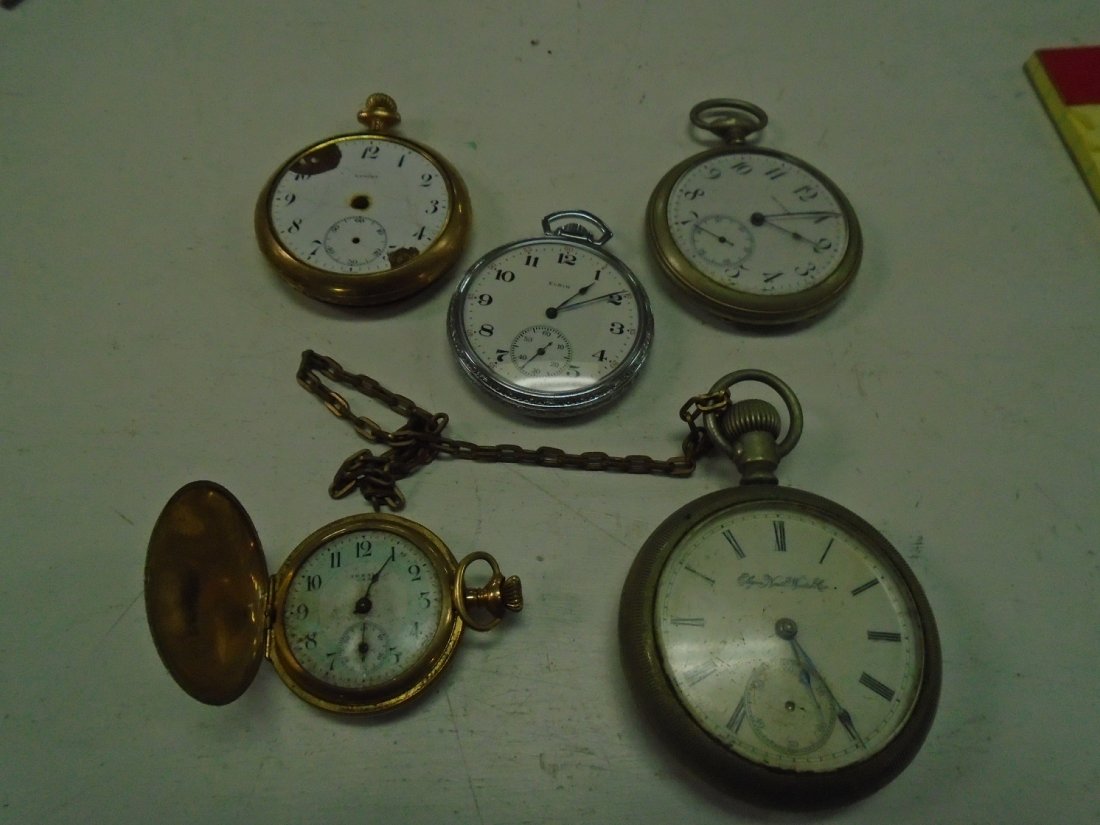 pocket watch lot of 5 gold silverode parts or repair: pocket watch lot of 5 gold silverode parts or repair1 elgin national lg w gold chain1 imperial1 ideal l lancet 1 elgin very clean