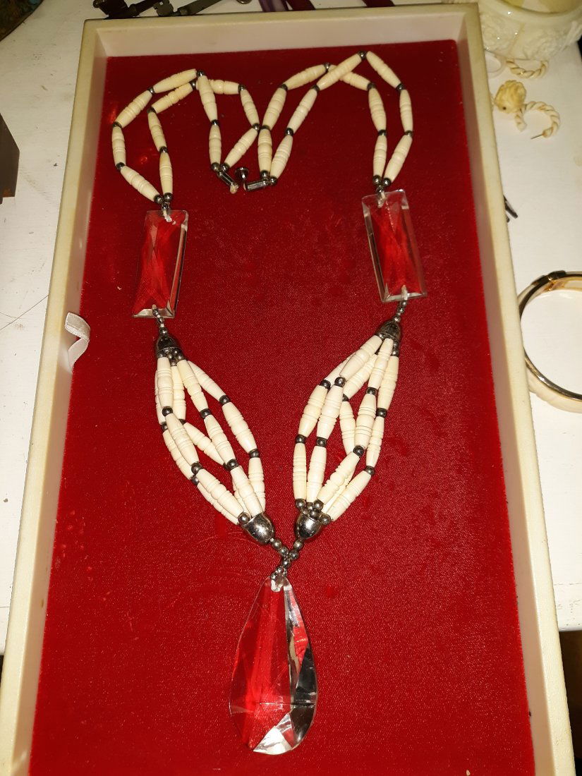 Amazing! Vintage Bone And Crystal Necklace: Amazing! Vintage Bone And Crystal Necklace unsigned of what we can see squash blossom style beads! large crystals 18" total length crystals in center are 2 1/4" long and 7/8" wide the bottom crystal i