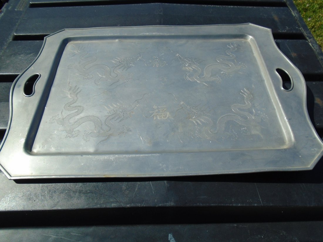 Vtg Large  PEWTER ASIAN FIGURAL DRAGON DECORATED TRAY (1 of 5)