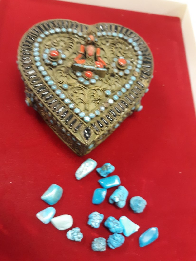 antique brass heart box w/turquoise ,red coral ,jet (1 of 7)