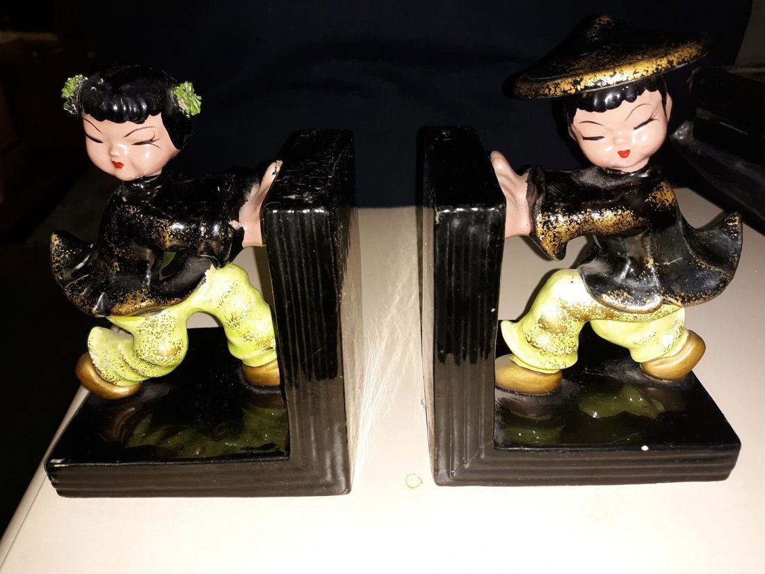 Vintage Asian Chinese Bookends Girl Boy green Black MCM (1 of 4)