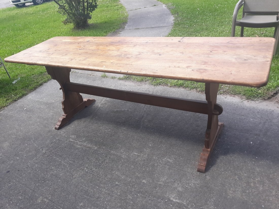 18 th Century Gustavian Period Swedish Trestle Table: incredible Swedish Trestle Dining Table circa 1750-75gorgeous naturally aged honey color patina 3 Board Plank Top with center stretcher and hand shaped sides over hang on ends of table is 12" 30 1/2" 