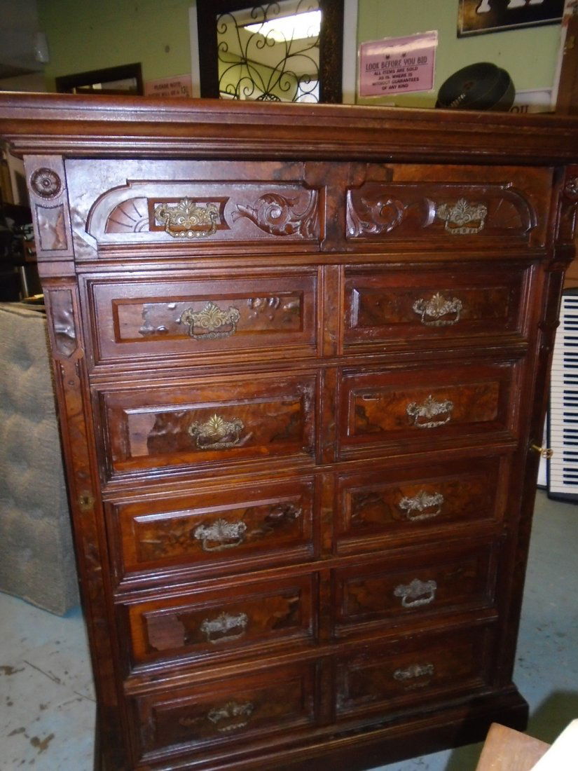 Victorian Antique 19th Century Walnut Side Lock Chest: Victorian Eastlake Antique 19th Century Walnut Side Lock Gentleman's ChestA walnut & burl veneer tall Gentleman's chest or dresser from the late Victorian or Eastlake period about 1875 has a "side loc