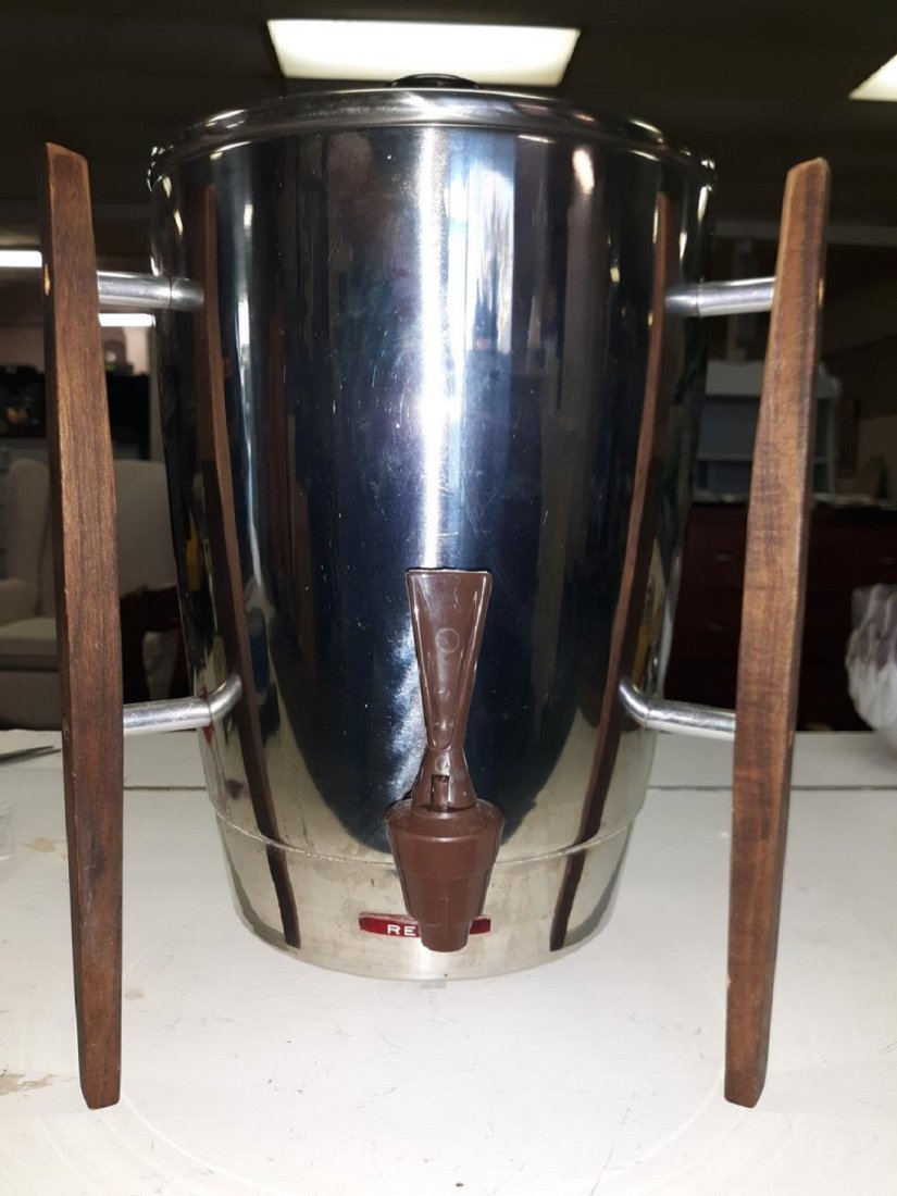 Mid Century Modern Danish Atomic Coffee Percolator Pot: Mid Century Modern Danish Coffee Percolator Pot beautiful atomic walnut handles complete w/stem basket and cord ready to brew does work in very nice condition