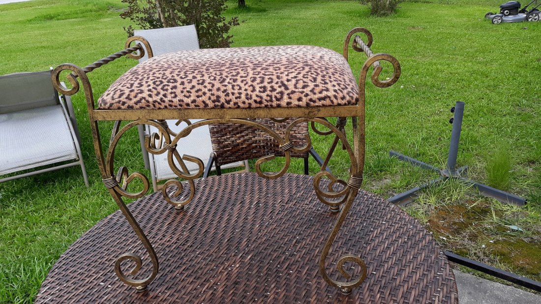Wrought Iron Vanity Seat: wrought iron vanity seat with animal print seat, in excellent condition very sturdy fabric is clean no rips or tears see pics 19" tall 17" tall to seat 21" wide